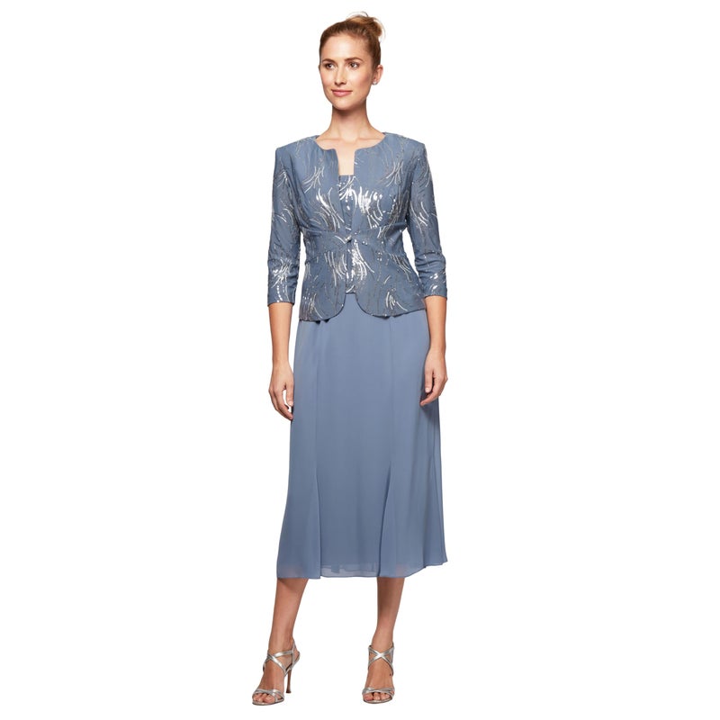 Alex Evenings Women's Tea Length Mock Jacket Dress with Button Front, Steel Blue, 14P - Image 1